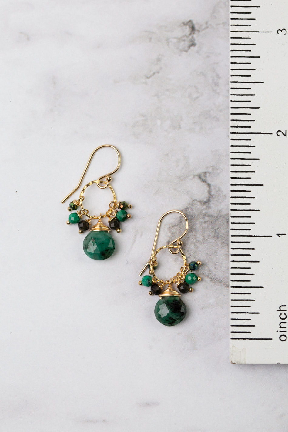 Verdant Pyrite, Malachite, Cats Eye With Emerald Briolette Cluster Earrings