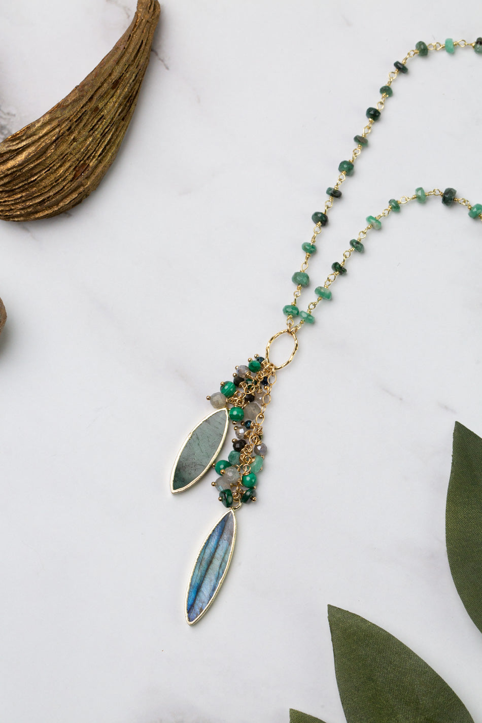 Verdant 24-26" Gem Chain With Emerald, Labradorite, Cats Eye And Malachite Cluster Necklace