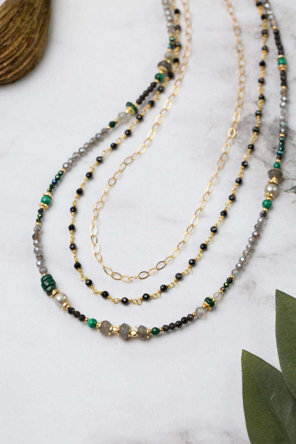 Verdant 17 or 35" Malachite, Labradorite, Freshwater Pearl Multistrand Necklace