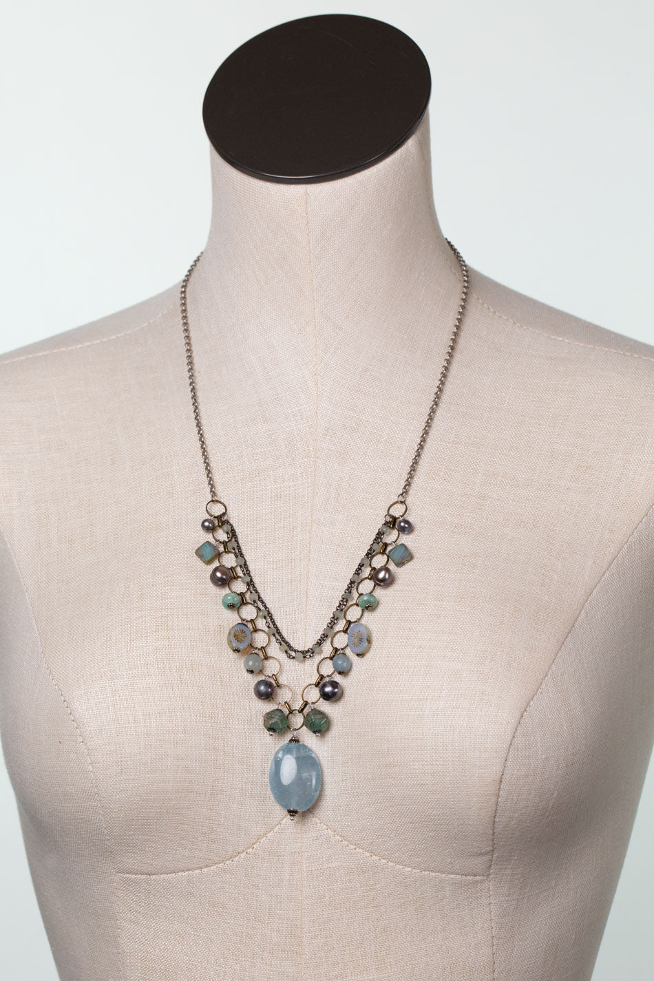 Venetian Dreams 22-24" Freshwater Pearl, Aquamarine, Abalone Shell With Calcite Pendant Statement Necklace