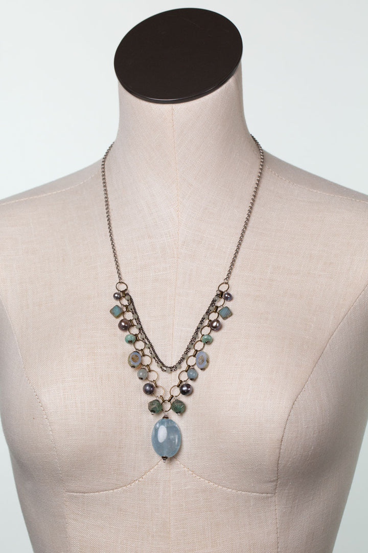 Venetian Dreams 22-24" Freshwater Pearl, Aquamarine, Abalone Shell With Calcite Pendant Statement Necklace
