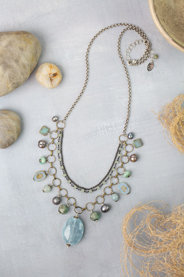 Venetian Dreams 22-24" Freshwater Pearl, Aquamarine, Abalone Shell With Calcite Pendant Statement Necklace