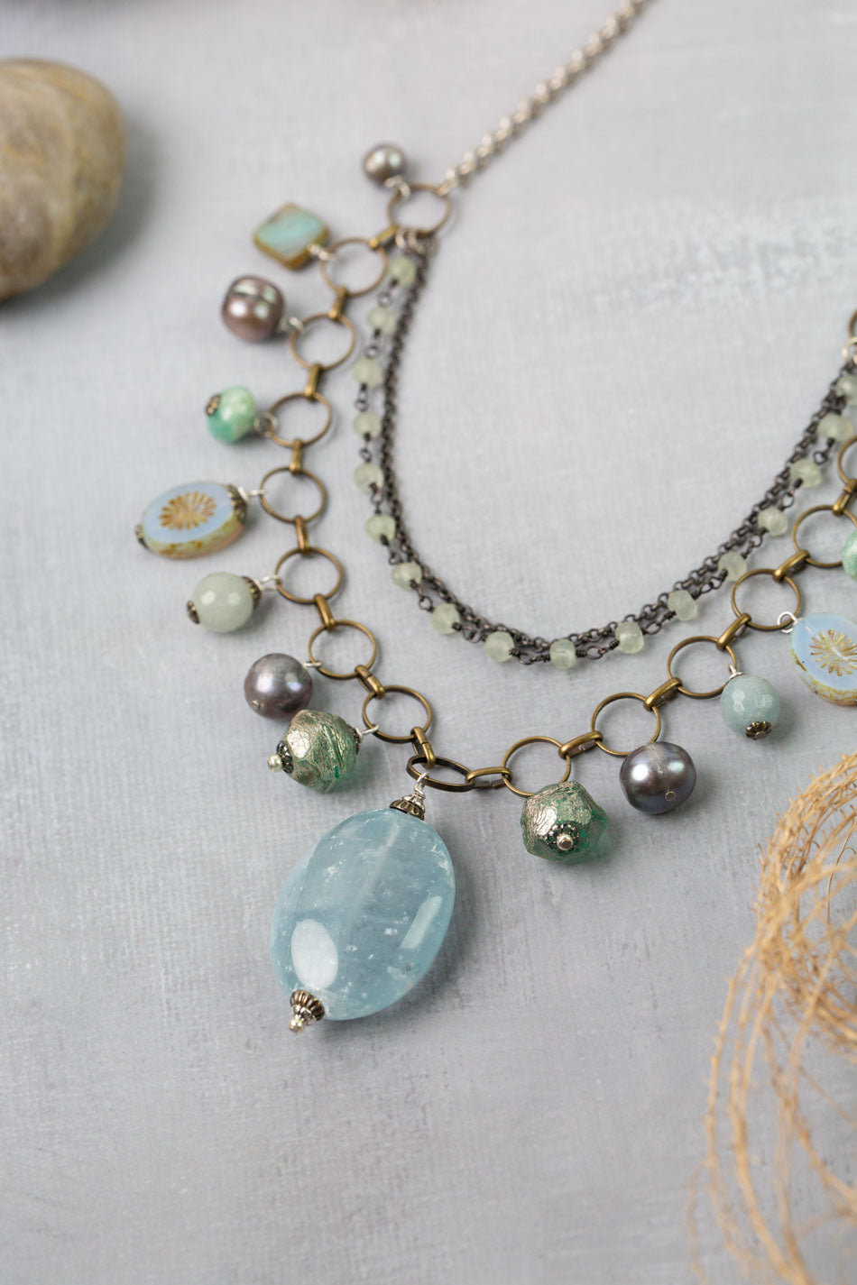 Venetian Dreams 22-24" Freshwater Pearl, Aquamarine, Abalone Shell With Calcite Pendant Statement Necklace