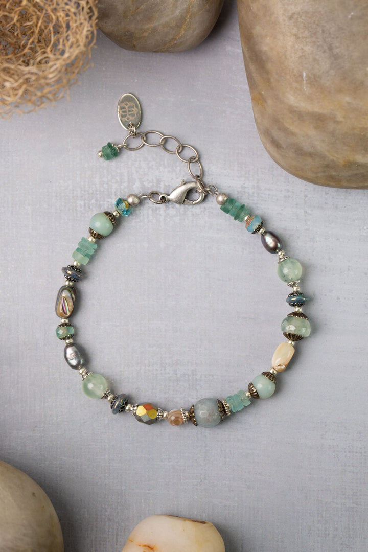 Venetian Dreams 7.5-8.5" Aquamarine, Abalone Shell, Czech Glass, Roman Glass, Freshwater Pearl Simple Bracelet