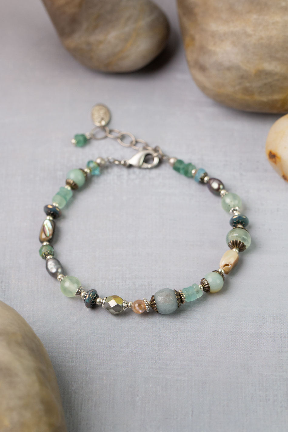 Venetian Dreams 7.5-8.5" Aquamarine, Abalone Shell, Czech Glass, Roman Glass, Freshwater Pearl Simple Bracelet