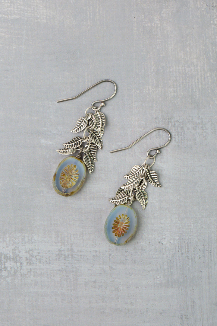 Venetian Dreams Antique Silver Plated Brass Leaves With Long Czech Glass Green Oval Dangle Earrings