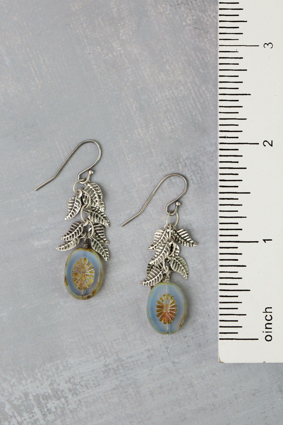 Venetian Dreams Antique Silver Plated Brass Leaves With Long Czech Glass Green Oval Dangle Earrings