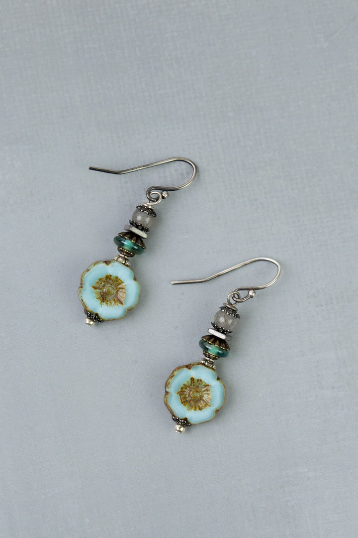 Venetian Dreams Czech Glass Aqua Flower Simple Earrings