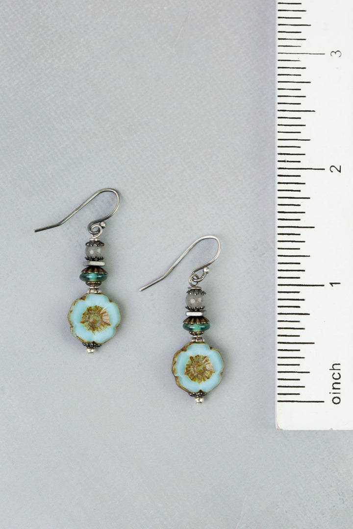 Venetian Dreams Czech Glass Aqua Flower Simple Earrings