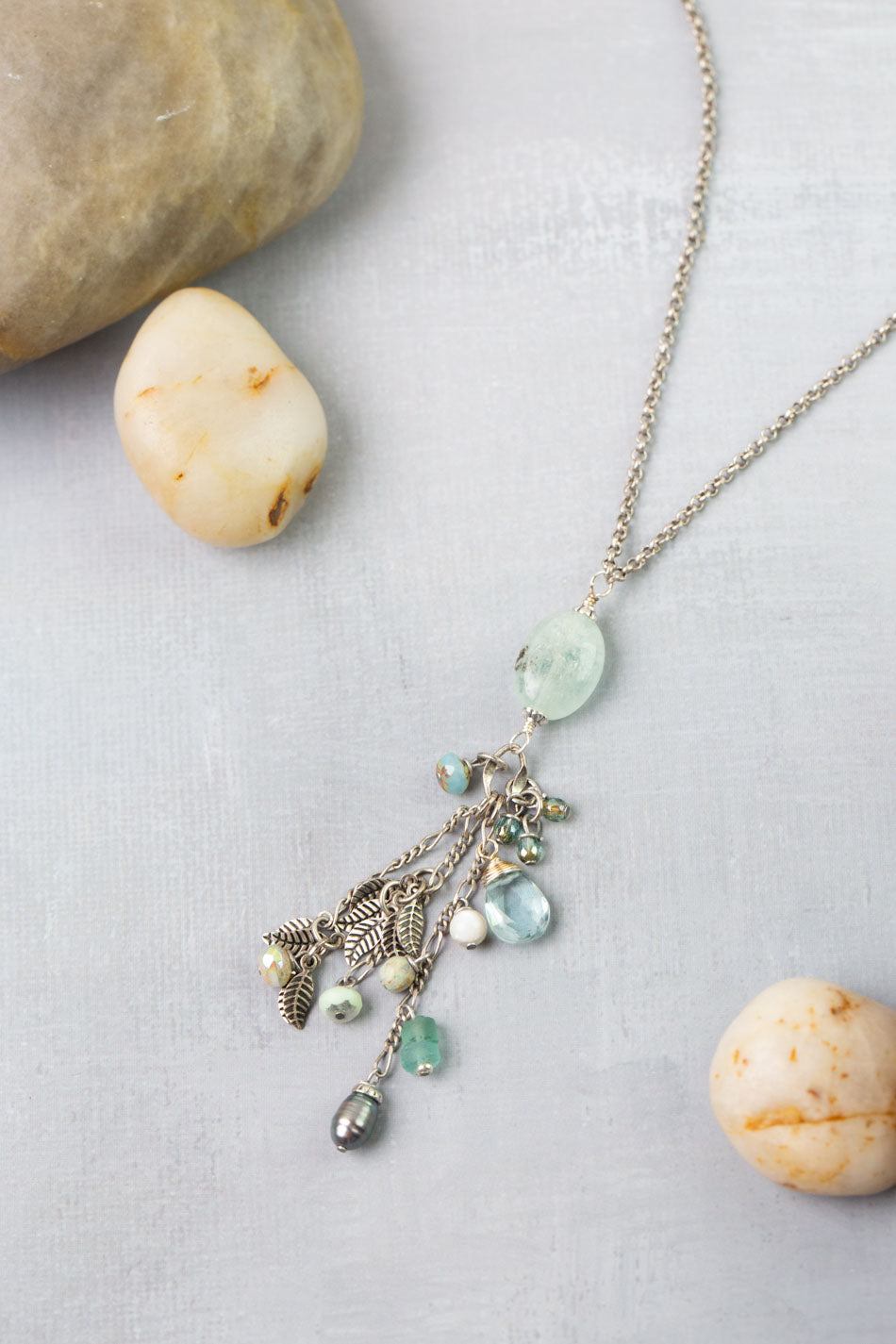 Venetian Dreams 18-20" Roman Glass, Aquamarine, Freshwater Pearl Cluster Necklace