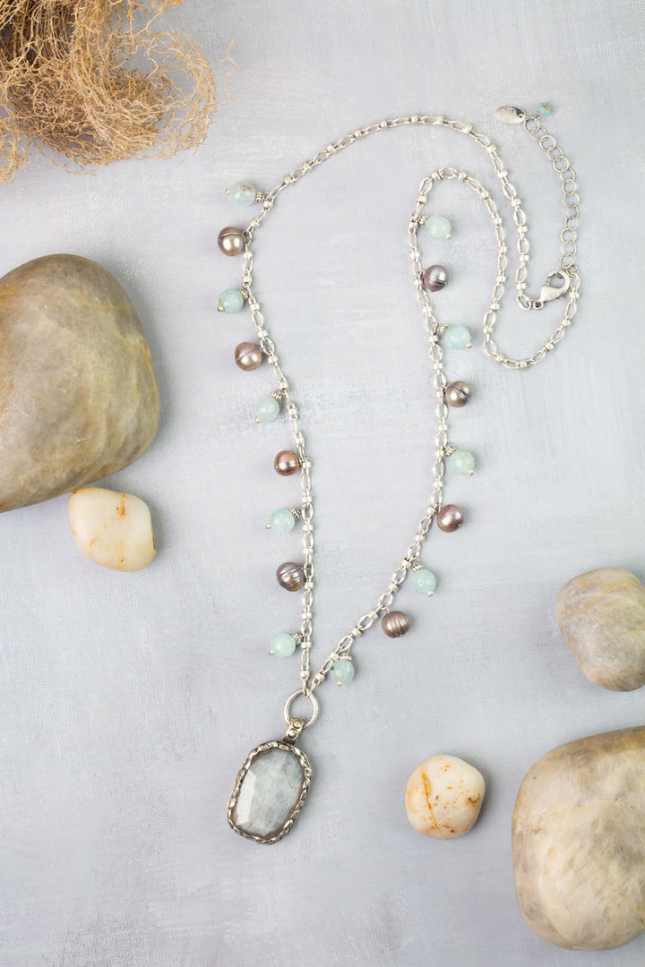 Venetian Dreams 25-27" Freshwater Pearl, Aquamarine Cluster Necklace
