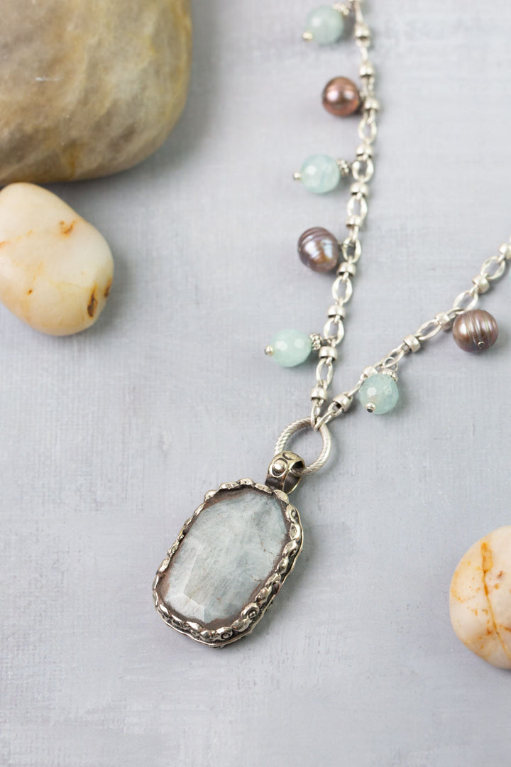 Venetian Dreams 25-27" Freshwater Pearl, Aquamarine Cluster Necklace