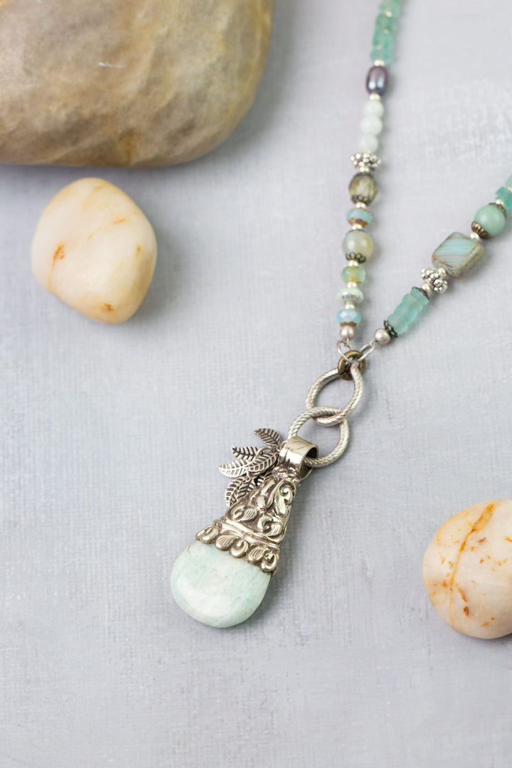 Venetian Dreams 30-32" Shell, Roman Glass, Aquamarine with Amazonite Statement Necklace
