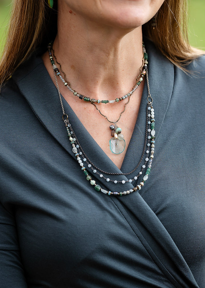 Venetian Dreams 17-19" Freshwater Pearl, Abalone Shell, Amazonite With Roman Glass Cluster Necklace