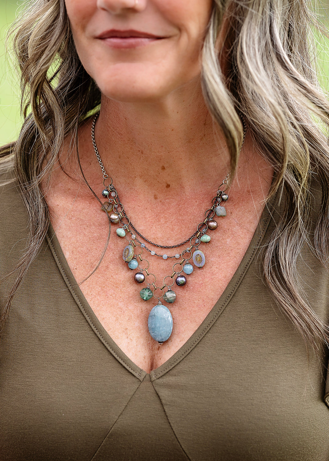 Venetian Dreams 22-24" Freshwater Pearl, Aquamarine, Abalone Shell With Limited Calcite Pendant Statement Necklace