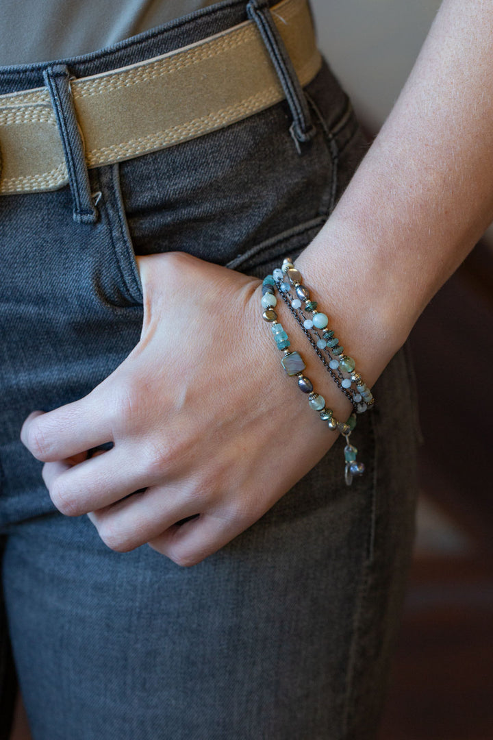 Venetian Dreams 7.5-8.5" Aquamarine, Roman Glass, Fluorite, Czech Glass, Freshwater Pearl Multistrand Bracelet