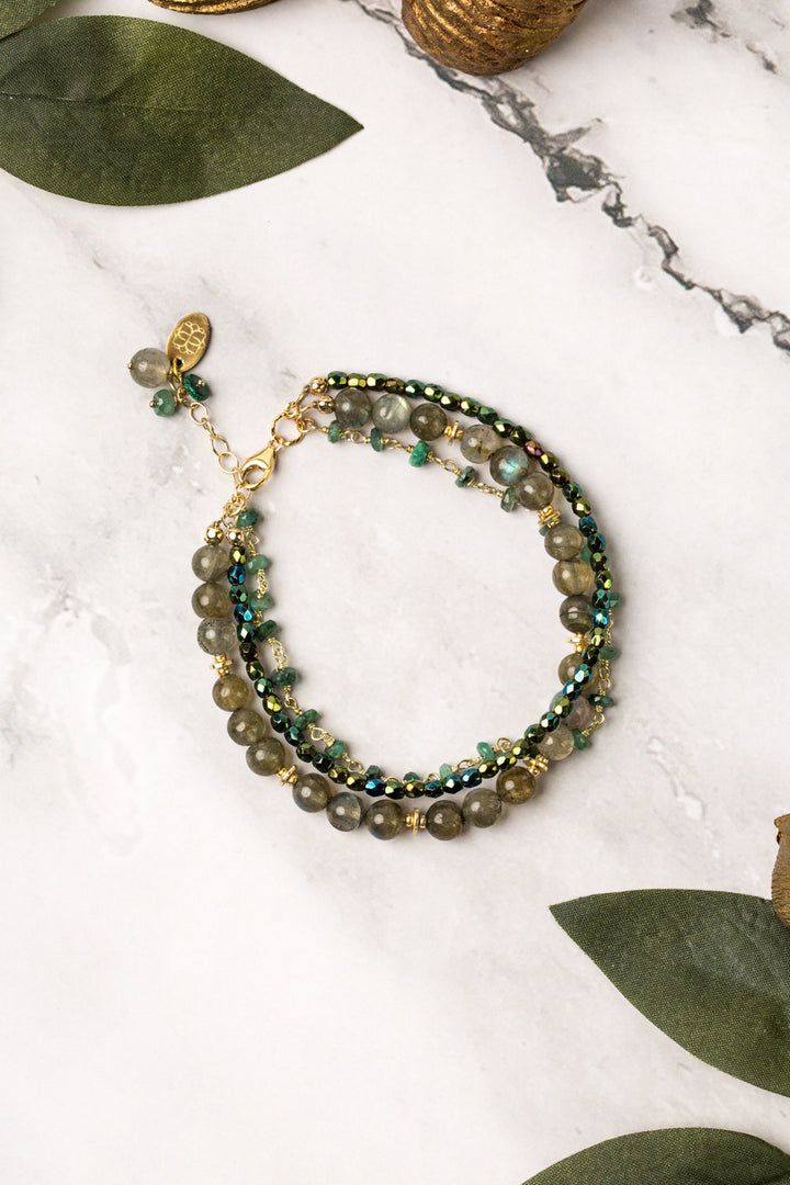 Verdant 7.5-8.5" Emerald, Labradorite, Plated Faceted Pyrite Multistrand Bracelet