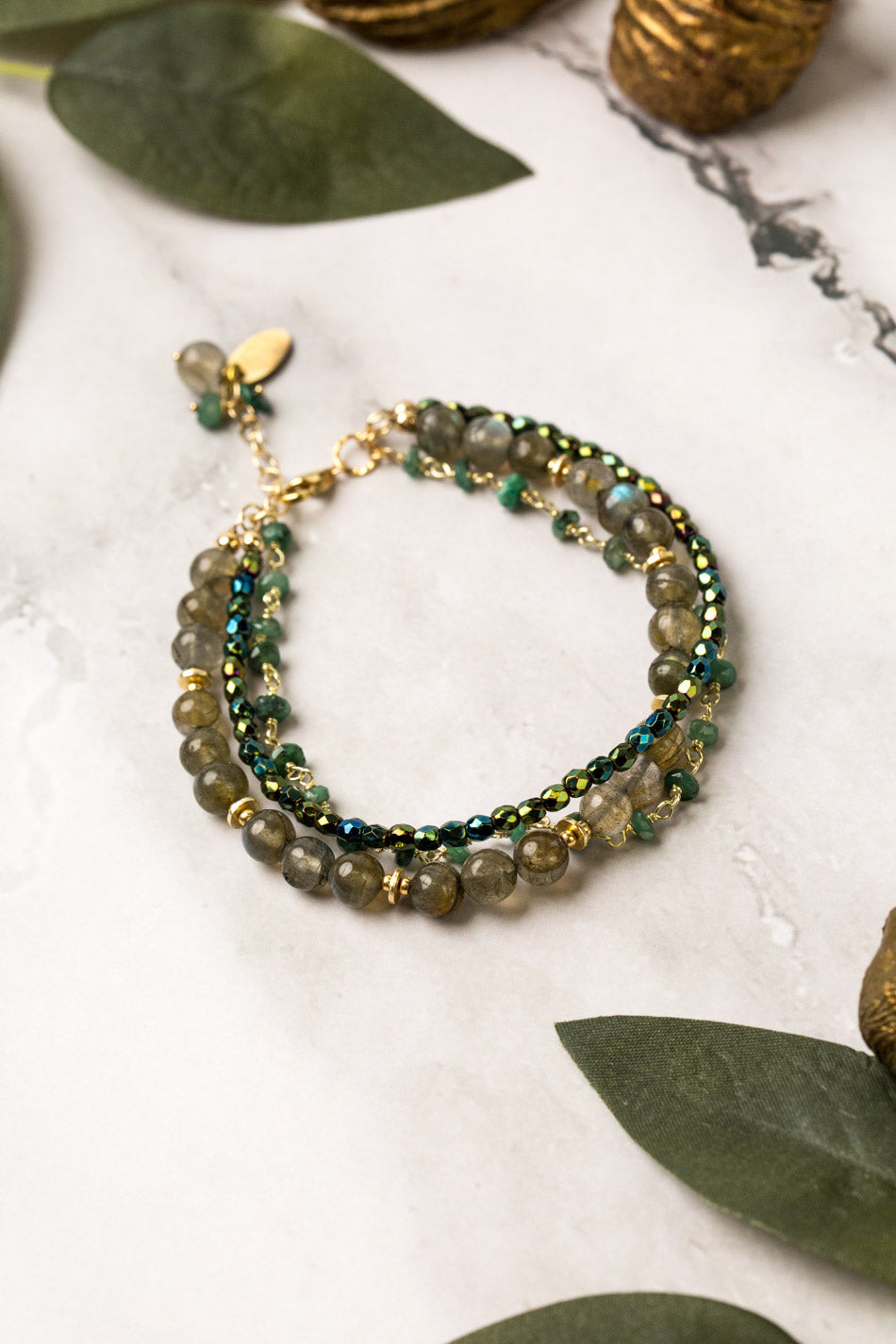 Verdant 7.5-8.5" Emerald, Labradorite, Plated Faceted Pyrite Multistrand Bracelet