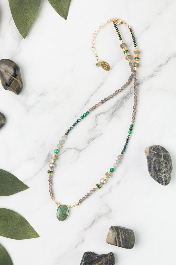 Verdant 16-18" Emerald, Malachite, Labradorite, Cats Eye Simple Necklace