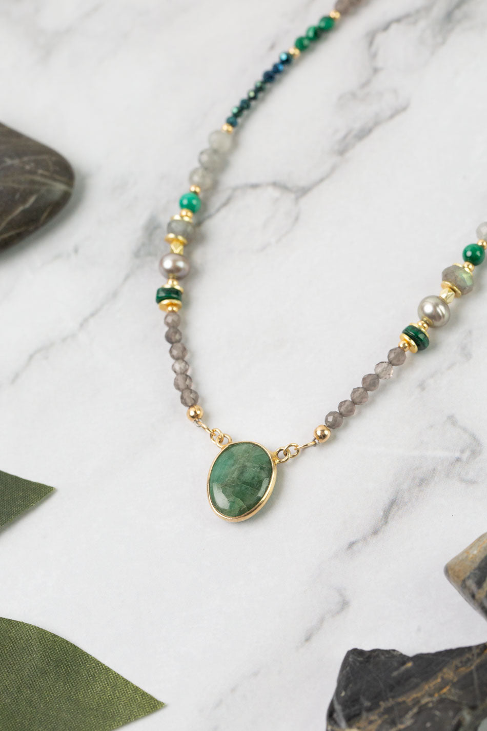 Verdant 16-18" Emerald, Malachite, Labradorite, Cats Eye Simple Necklace