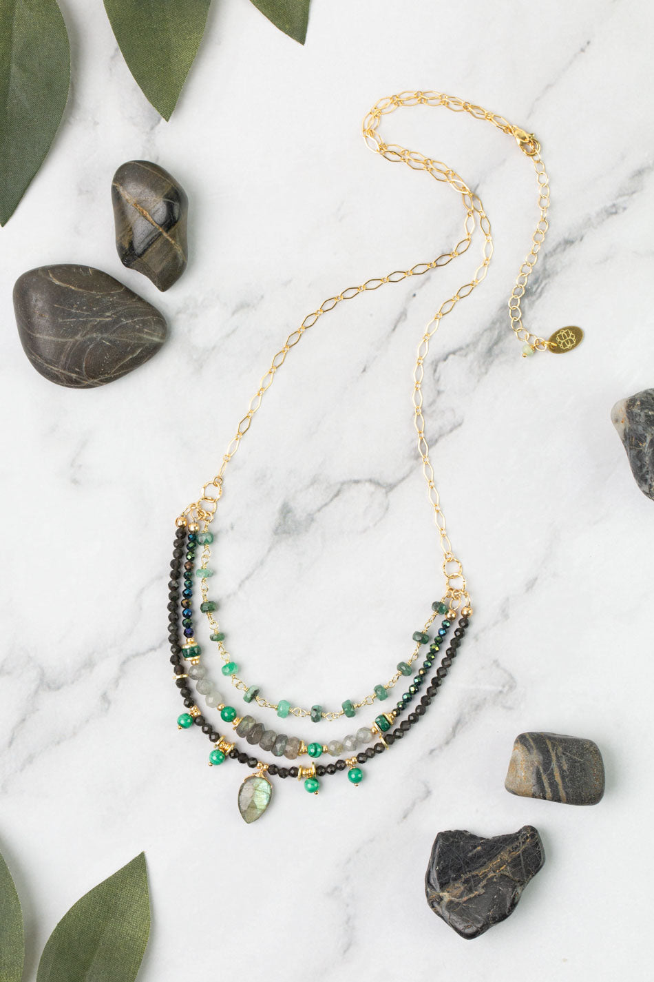 Verdant 20.5-22.5" Emerald, Malachite, Labradorite, Cats Eye Multistrand Necklace