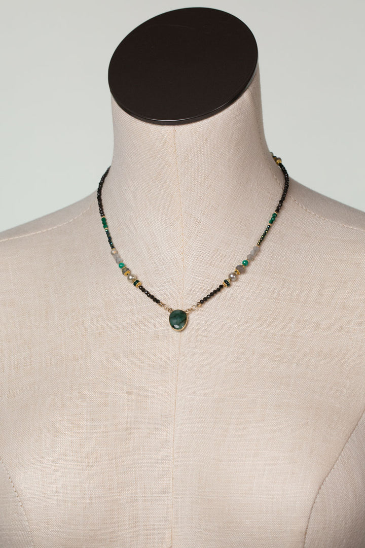 Verdant 16-18" Emerald, Malachite, Labradorite, Cats Eye Simple Necklace