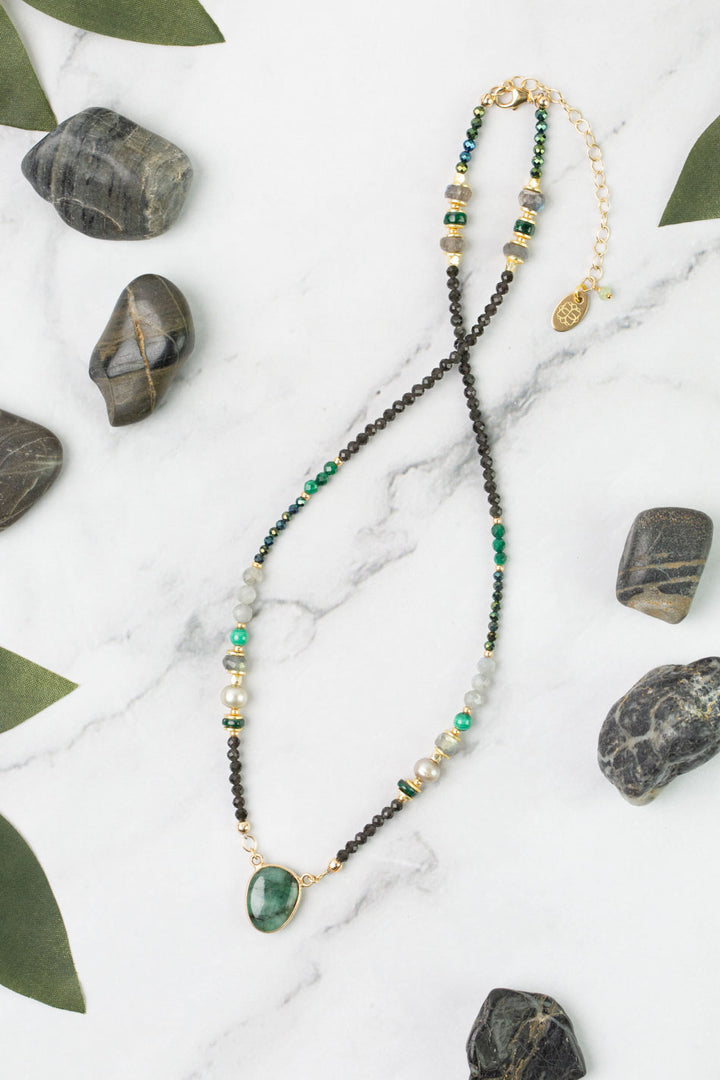 Verdant 16-18" Emerald, Malachite, Labradorite, Cats Eye Simple Necklace
