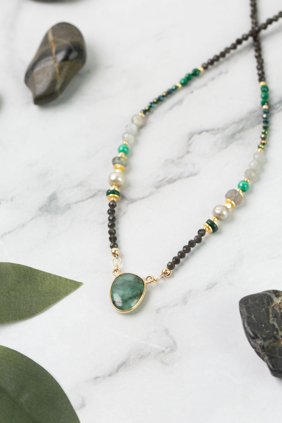 Verdant 16-18" Emerald, Malachite, Labradorite, Cats Eye Simple Necklace
