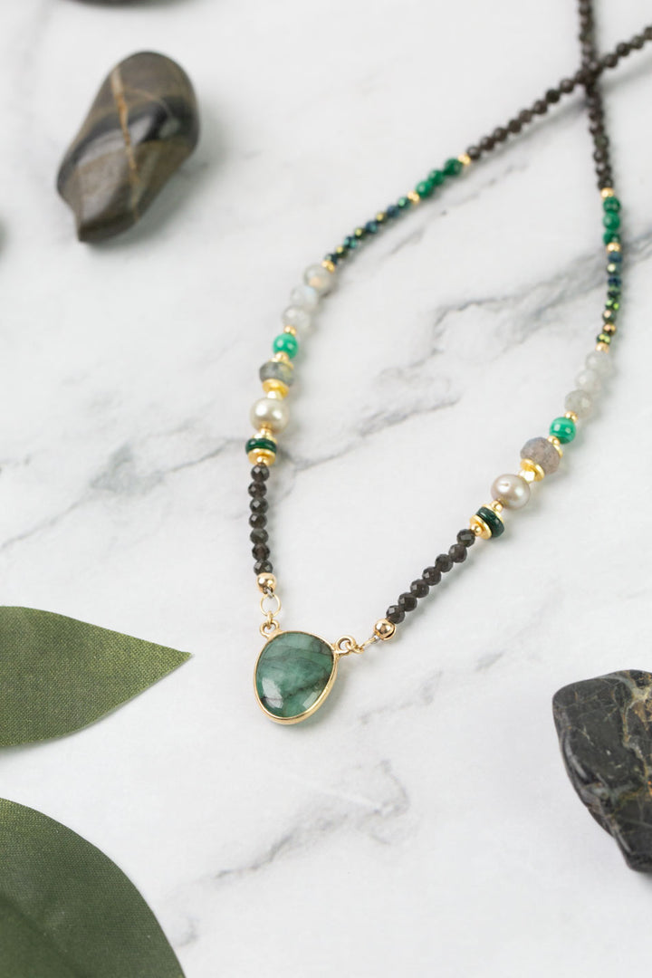 Verdant 16-18" Emerald, Malachite, Labradorite, Cats Eye Simple Necklace