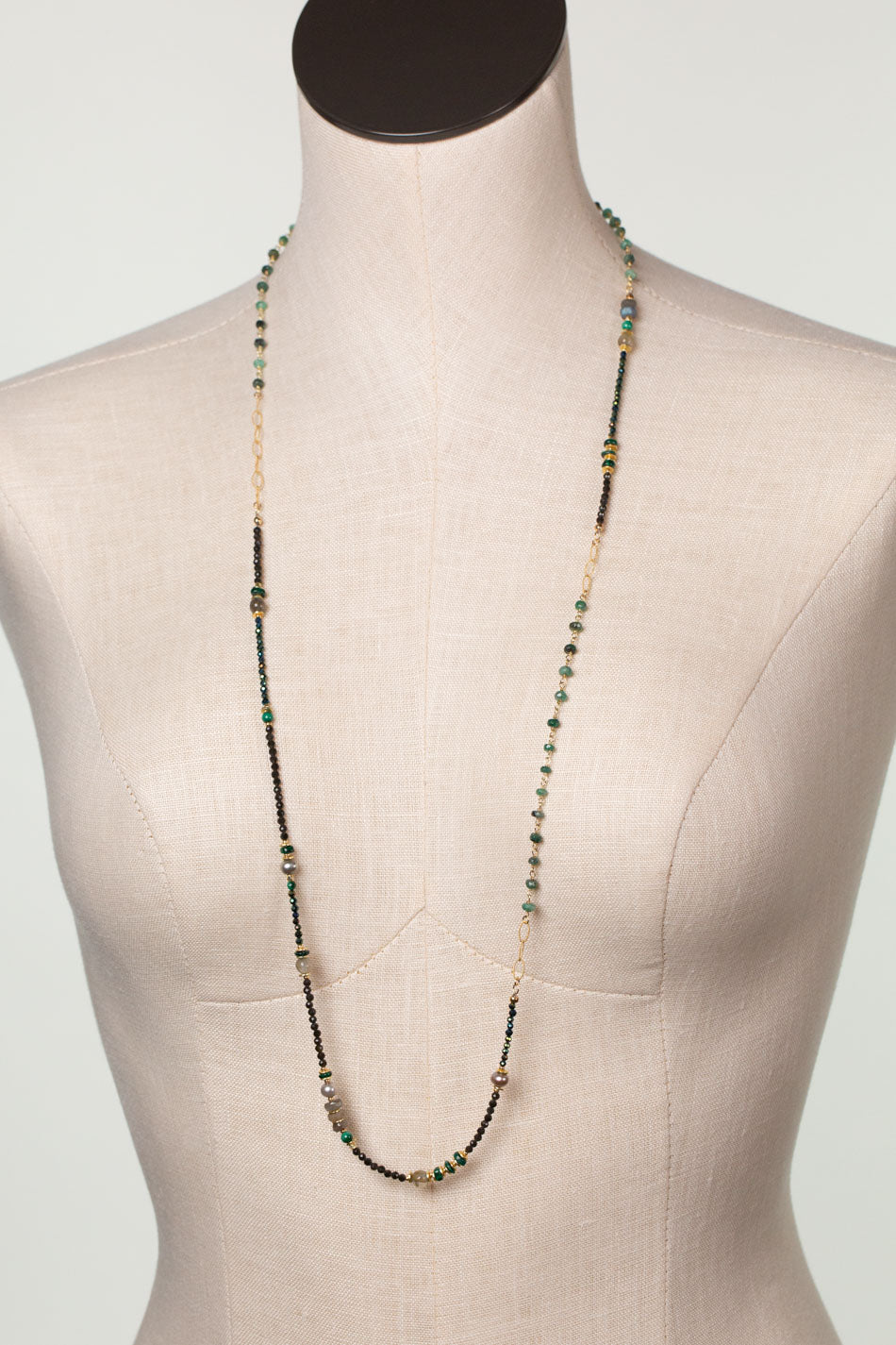 Verdant 35-37" Emerald, Malachite, Labradorite, Cats Eye Simple Necklace