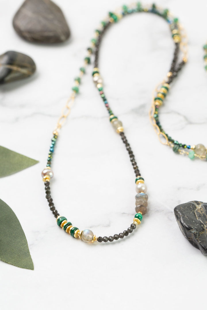 Verdant 35-37" Emerald, Malachite, Labradorite, Cats Eye Simple Necklace