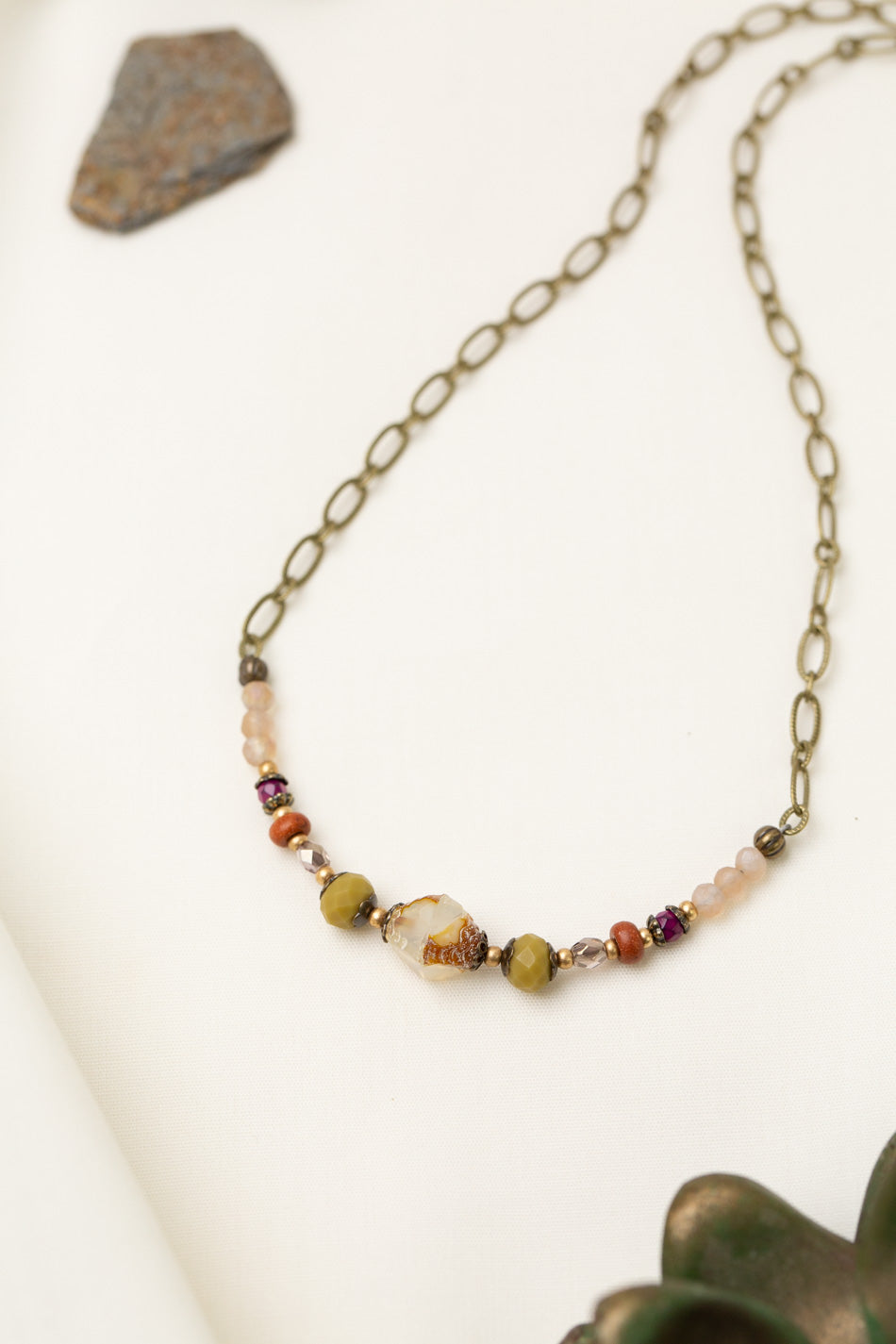 Wildflower 14.5-16.5" Wood With Holographic Czech Glass Collage Necklace