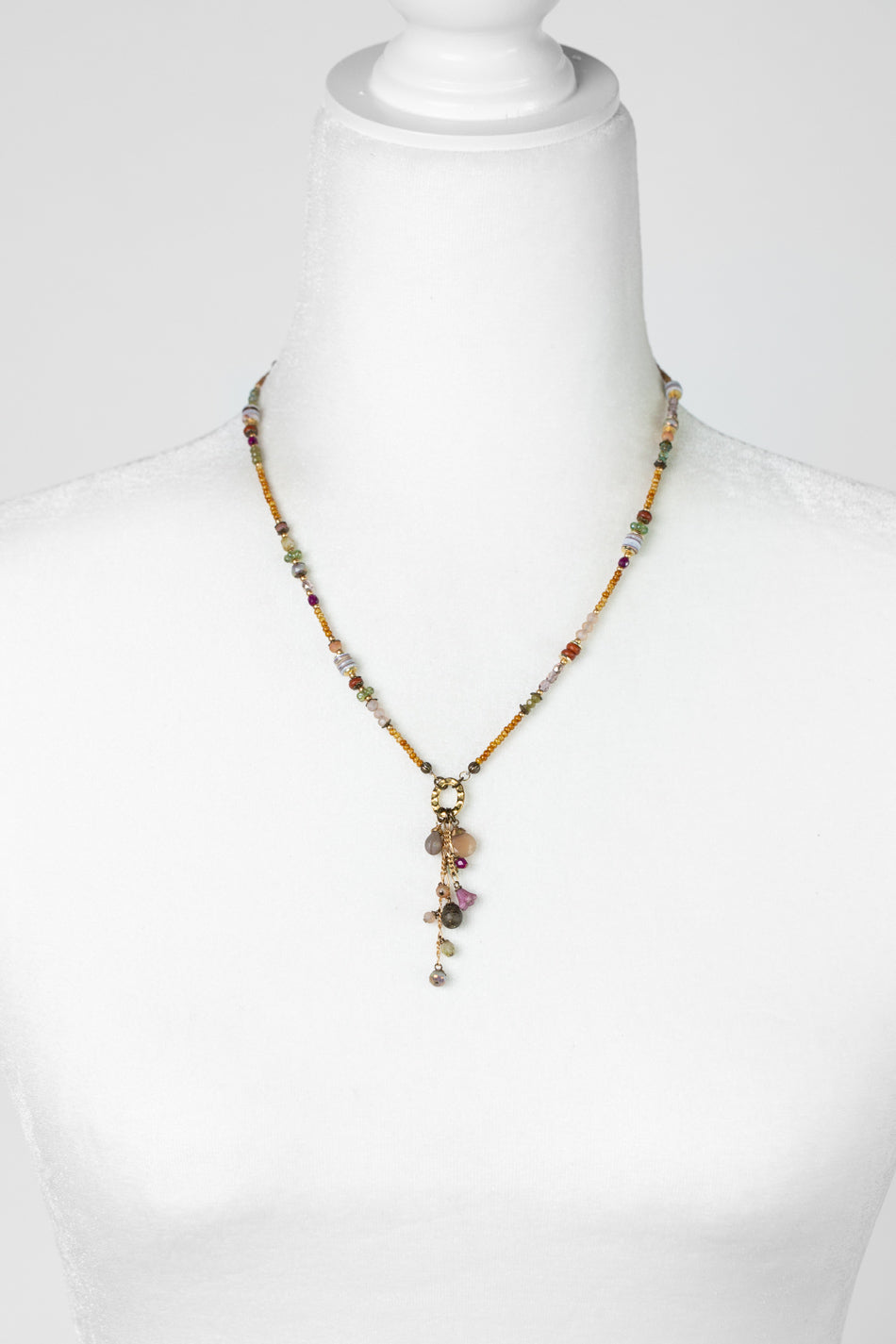 Wildflower 17.5-19.5" Shell, Wood With Chocolate Moonstone And Faceted Crystal Cluster Necklace