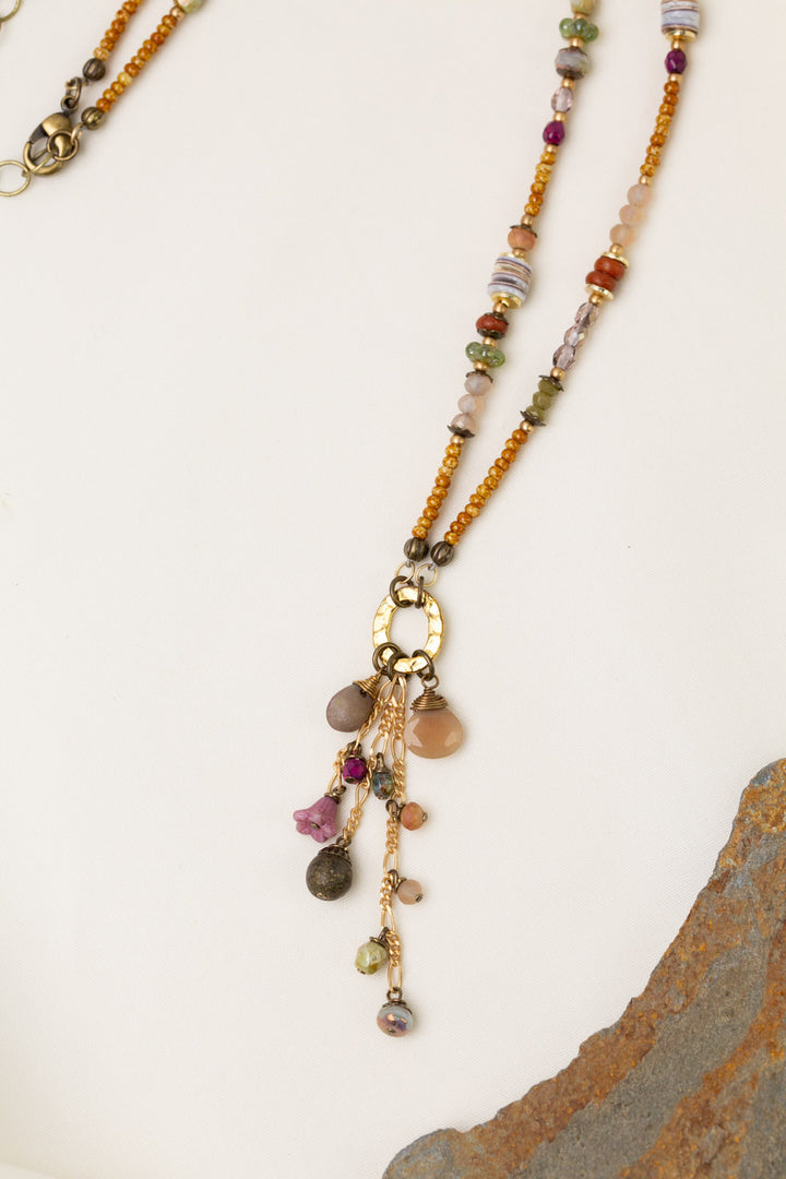 Wildflower 17.5-19.5" Shell, Wood With Chocolate Moonstone And Faceted Crystal Cluster Necklace