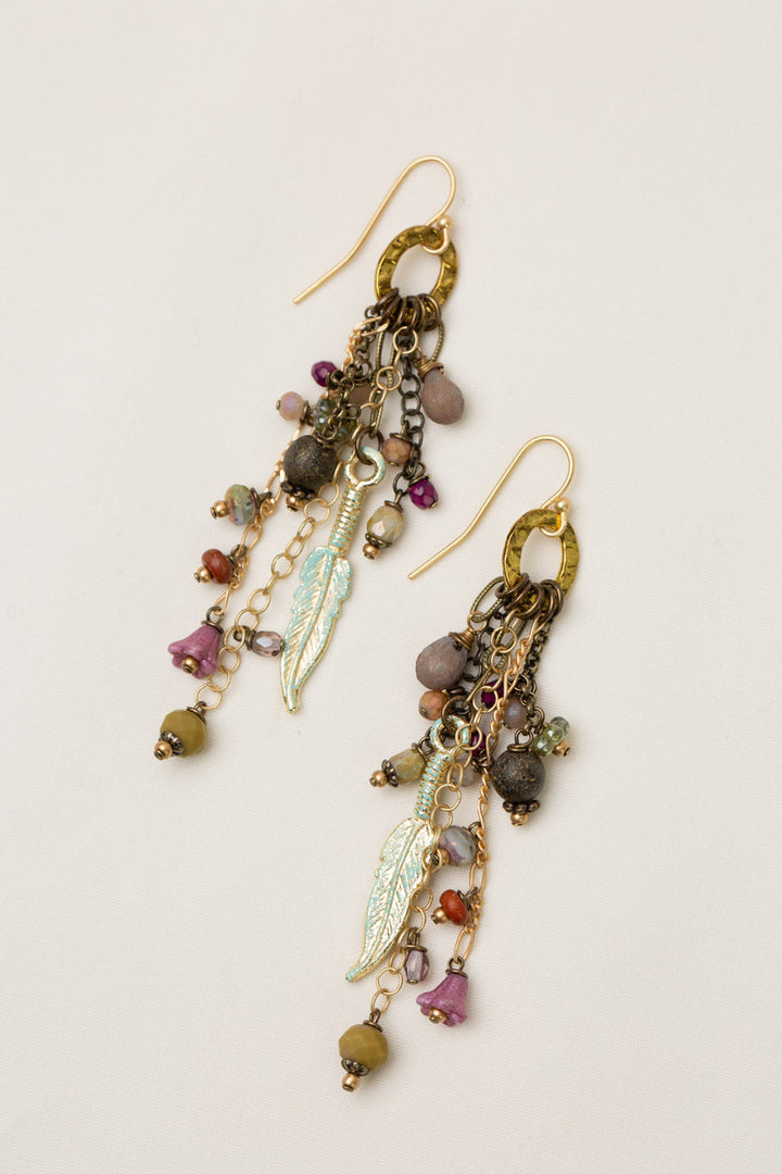 Wildflower Czech Glass And Patina Feather Cluster Earrings