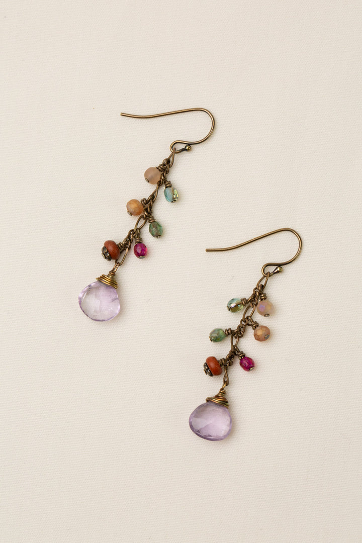 Wildflower Czech Glass, Wood With Faceted Amethyst Ovals Dangle Earrings