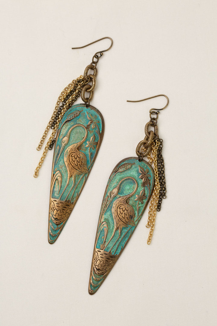 Wildflower Large Artistic Heron Bird Statement Earrings