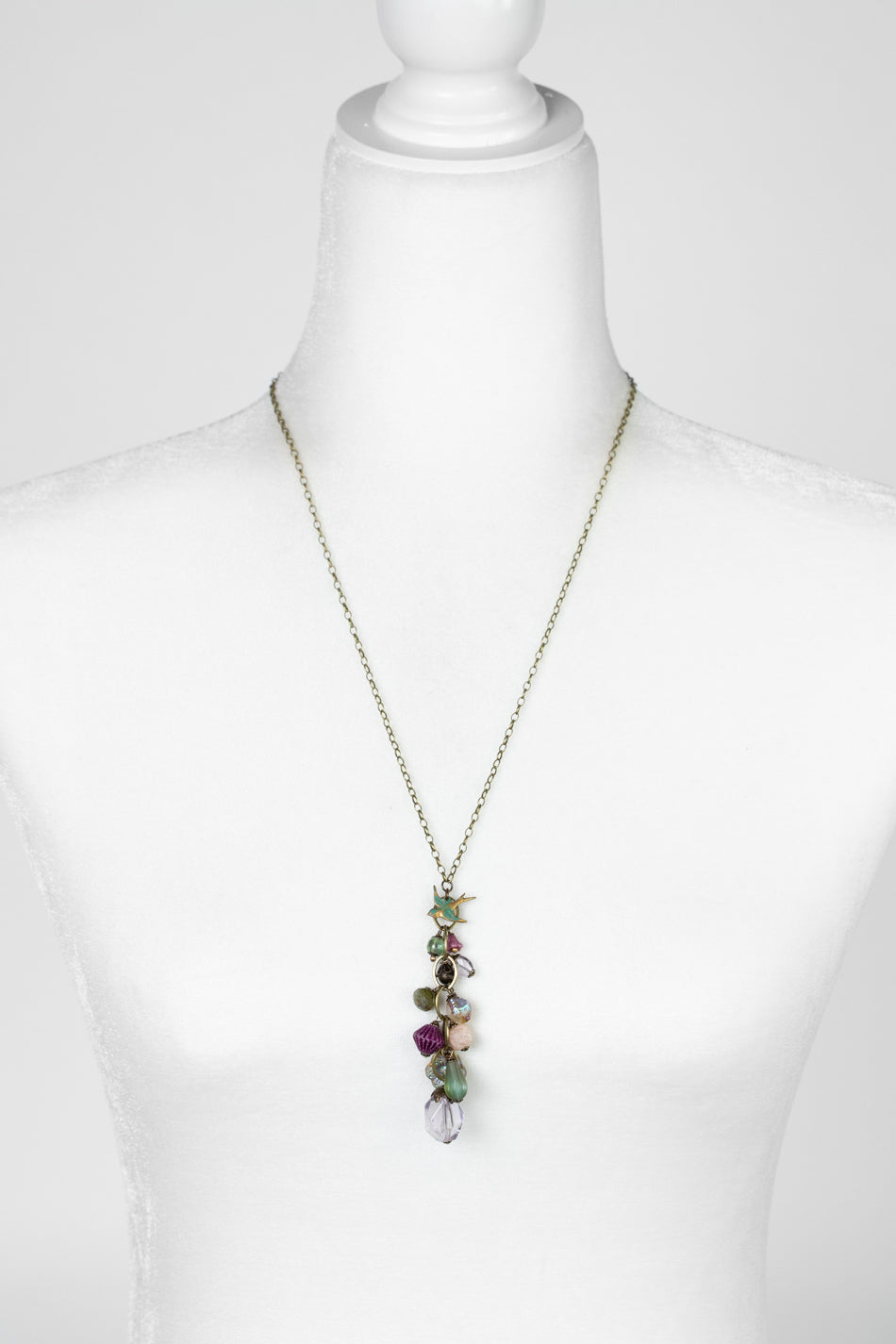 Wildflower 24-26" Czech Glass, Faceted Amethyst, Patina Sparrow, And Peach Moonstone Cluster Necklace