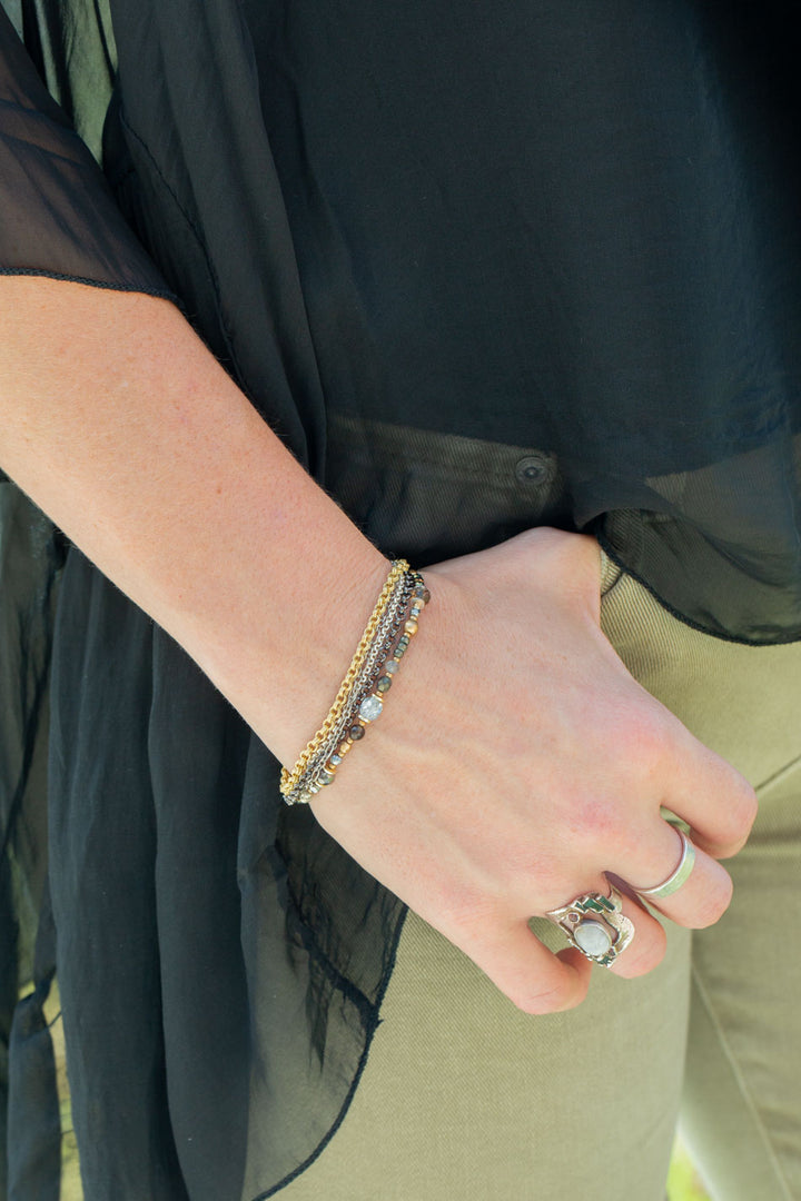 Silver & Gold 7.5-8.5" Czech Glass, Crystal, Pyrite Multistrand Bracelet