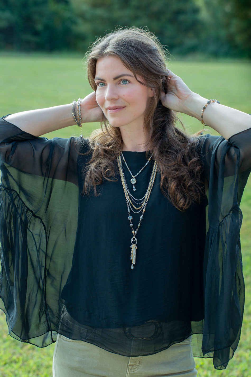 Silver & Gold 31-33" Pearl, Crystal, Pyrite With Mixed Metal Tassels Collage Necklace