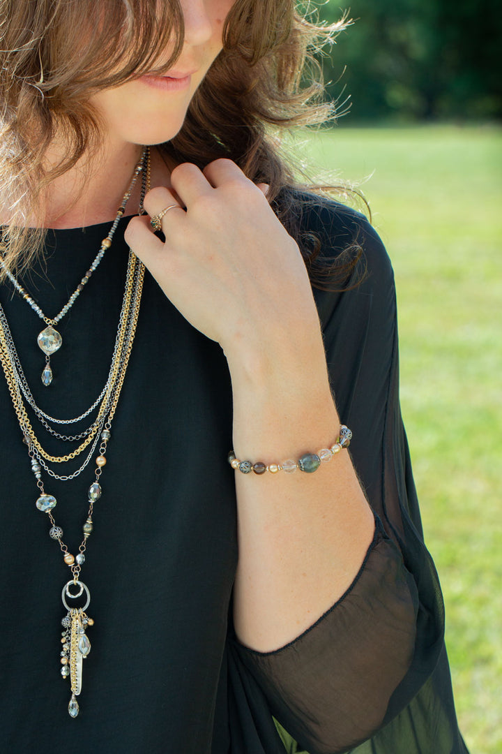 Silver & Gold 7.5-8.5" Crystal, Labradorite, Pyrite Simple Bracelet