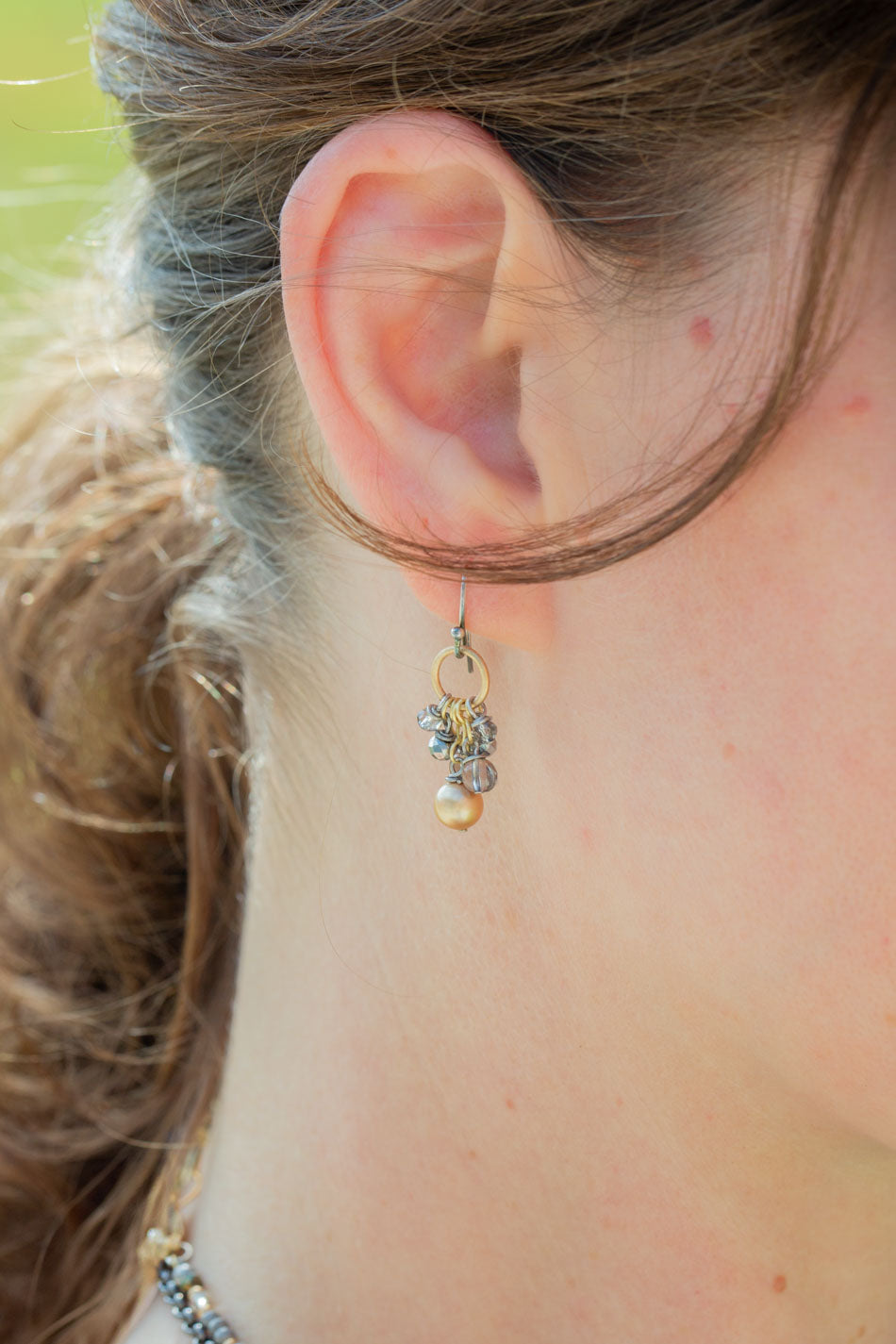 Silver & Gold Smoky Quartz, Pearl, Crystal Dangle Earrings