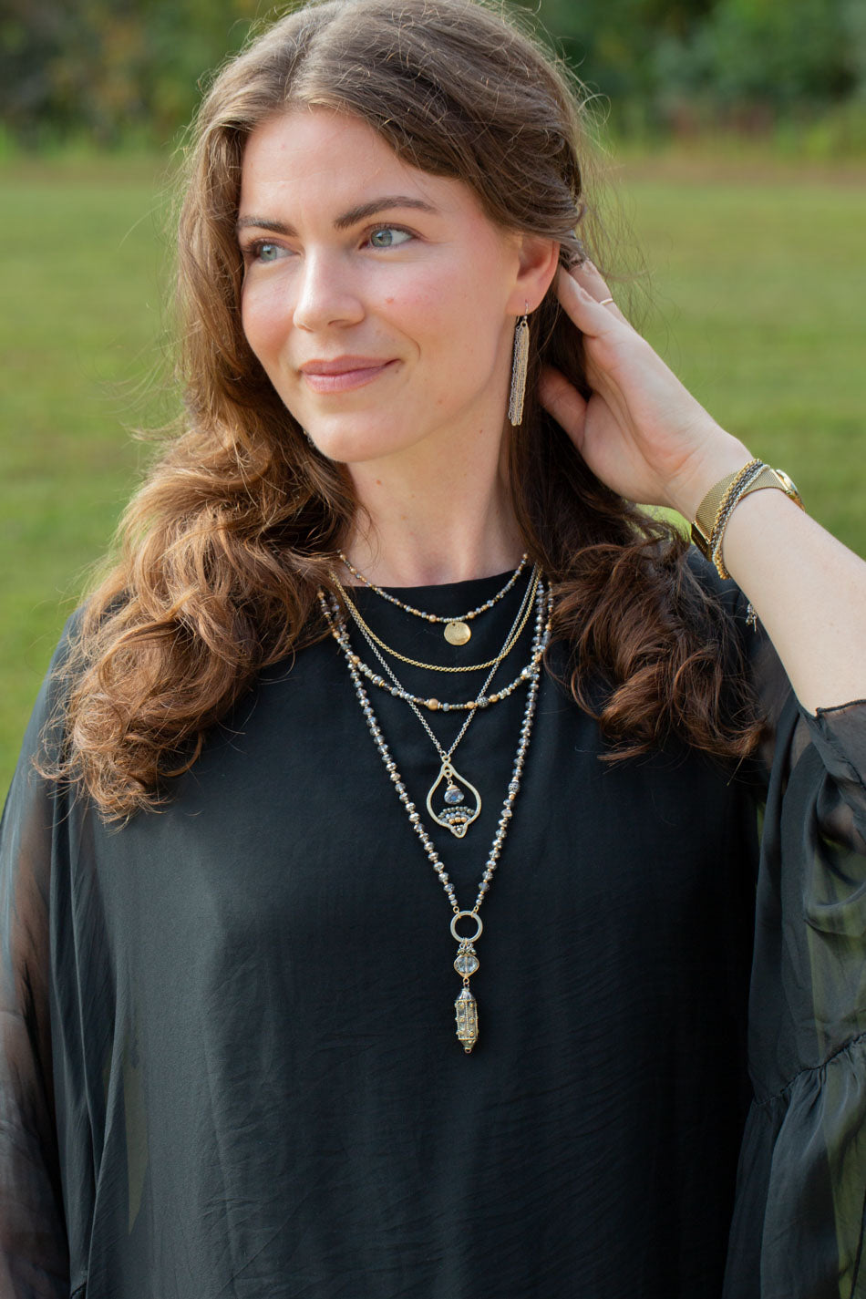 Silver & Gold 26-28" Czech Glass, Crystal With Antique Silver Cylinder Statement Necklace