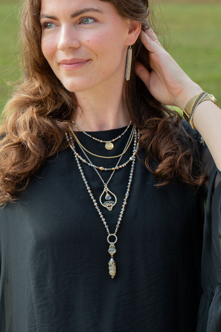 Silver & Gold 16-18" Pearl, Crystal, Pyrite With Brass Shell Circle Simple Necklace