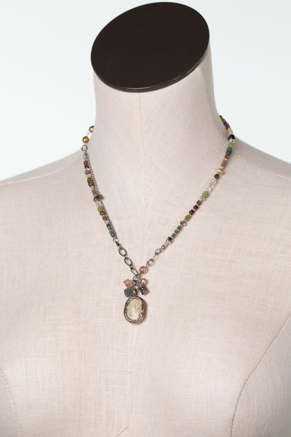 Water Lily 20" Roman Glass, Prehnite, Freshwater Pearl with Yellow Opal Bezel Collage Necklace