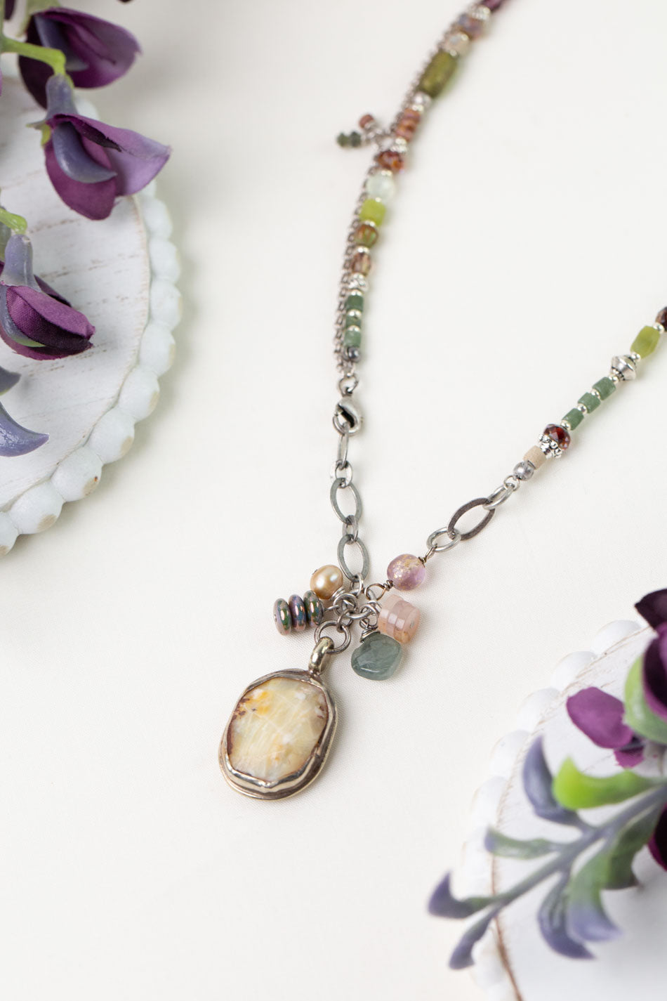 Water Lily 20" Roman Glass, Prehnite, Freshwater Pearl with Yellow Opal Bezel Collage Necklace