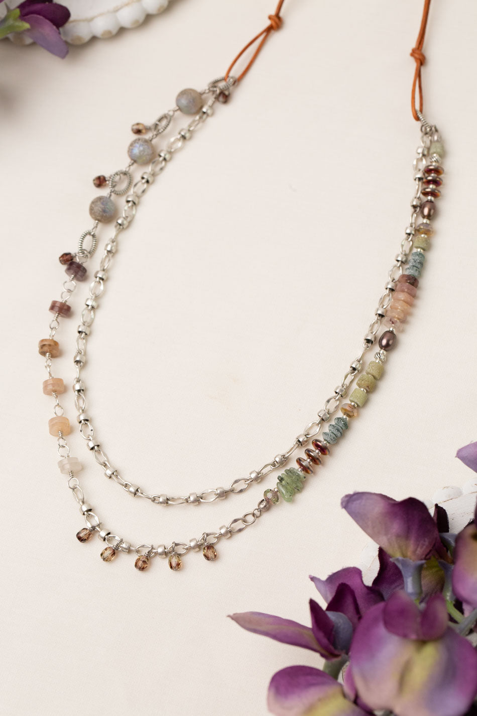 Water Lily 26.5-28.5" Muscovite, Prehnite, Freshwater Pearl Multistrand Necklace