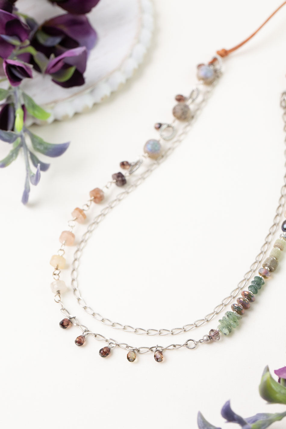 Water Lily 26.5-28.5" Muscovite, Prehnite, Freshwater Pearl Multistrand Necklace