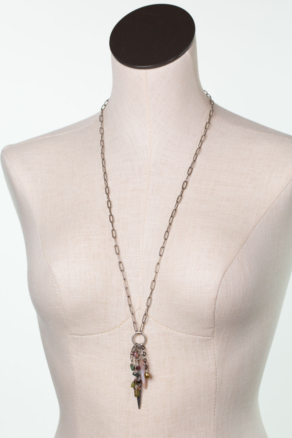 Water Lily 31-33" Czech Glass, Prehnite, Freshwater Pearl with Pink Abalone Cluster Necklace