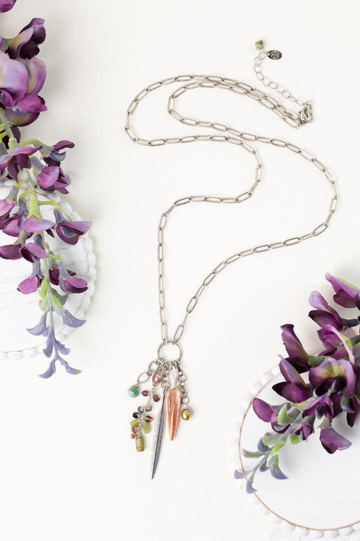 Water Lily 31-33" Czech Glass, Prehnite, Freshwater Pearl with Pink Abalone Cluster Necklace